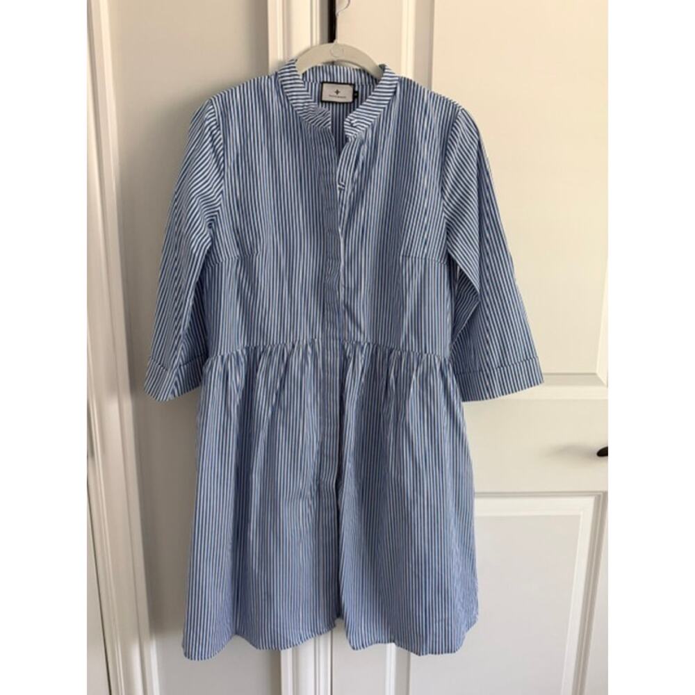 Tuckernuck NWOT Blue Stripe Royal Shirt Dress 3/4 Sleeve Tiered Mini Dress XS - Picture 2 of 11